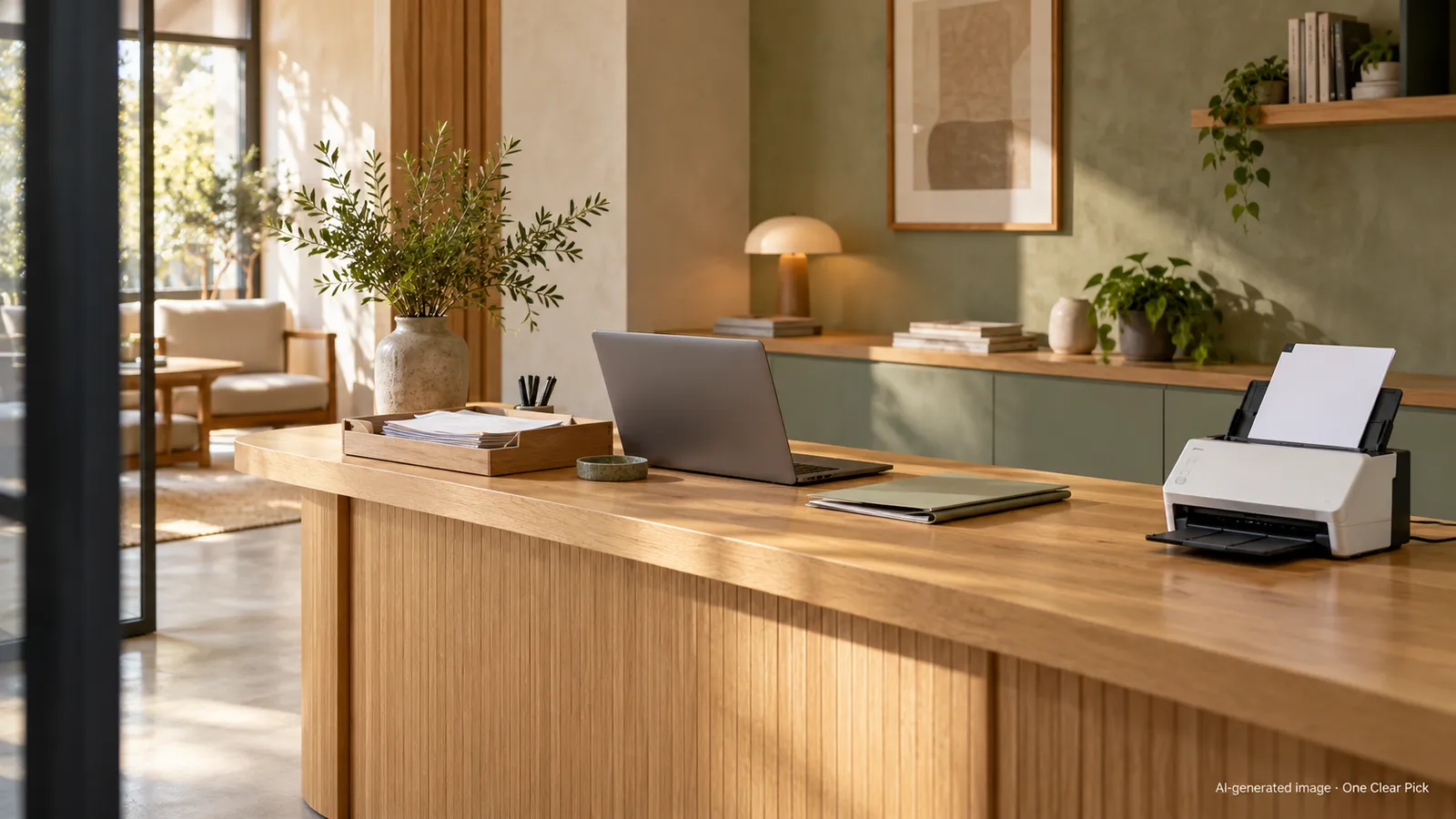 AI editorial scene of a small-business reception counter with a laptop, loose invoices and a generic unbranded feeder; not a photograph of any recommended scanner.