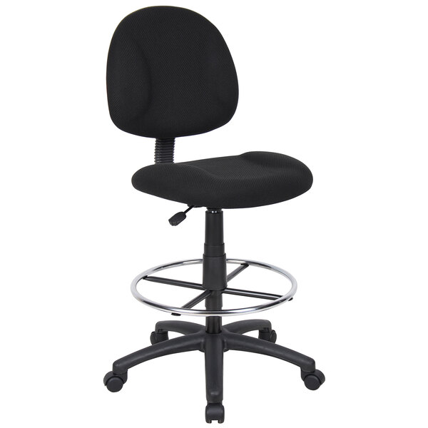 Boss B1615-BK black armless drafting stool with padded seat and back, chrome foot ring and caster base