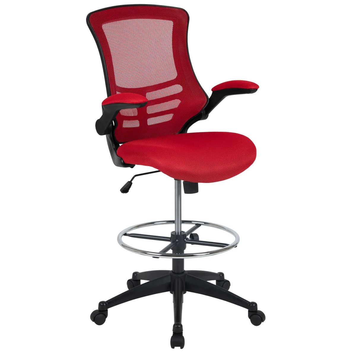 Flash Furniture BL-X-5M-D-RED-GG red mesh drafting chair with flip-up arms and chrome foot ring