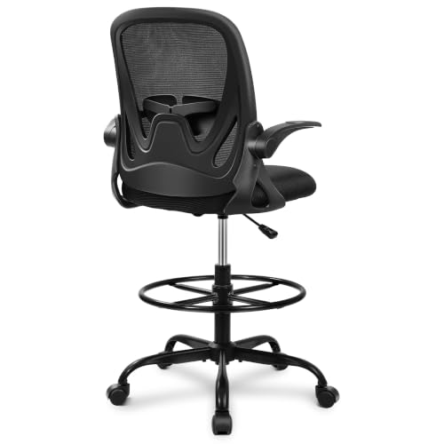 Primy 934-Z black drafting chair with mesh back, flip-up arms and circular foot ring