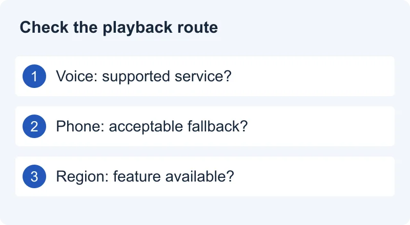 Check the playback route: Voice: supported service?. Phone: acceptable fallback?. Region: feature available?.