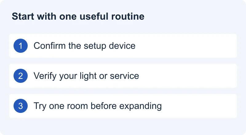 Start with one useful routine: Confirm the setup device. Verify your light or service. Try one room before expanding.