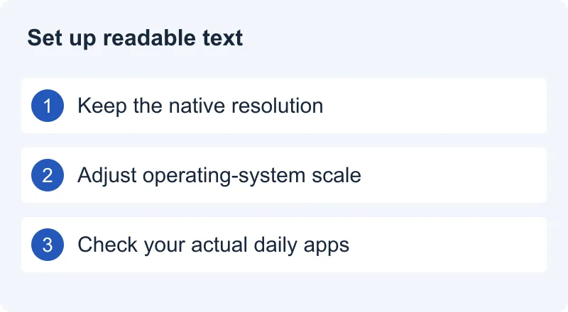 Set up readable text: Keep the native resolution. Adjust operating-system scale. Check your actual daily apps.
